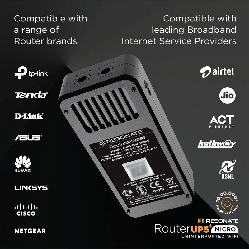 RESONATE راوترUPS® ميكرو | راوتر UPS أصلي لجهاز توجيه WiFi و مودم 12V (يدعم حتى 1A) | احتياطي طاقة غير منقطع يصل إلى 3 ساعات أثناء انقطاع الكهرباء | UPS مدمج صغير مع شحن ذكي - Image 3