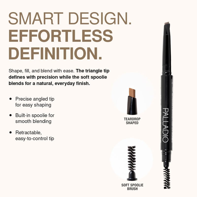 Palladio Brow Definer Retractable Pencil, Triangular Tip Fills Brows for a Natural Look, Tame and Shape Eyebrows with Spoolie Brush, Eyebrow Shaper, Buildable Light to Dark Colors, (Medium Brown) - Image 3
