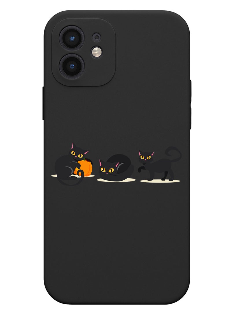 Theodor Protective Slim Fit Case Liquid Silicone Cover with Full Body Protection Anti-Scratch Shockproof Case For iPhone 12 Black  - Cat wearing hat halloween - Image 1