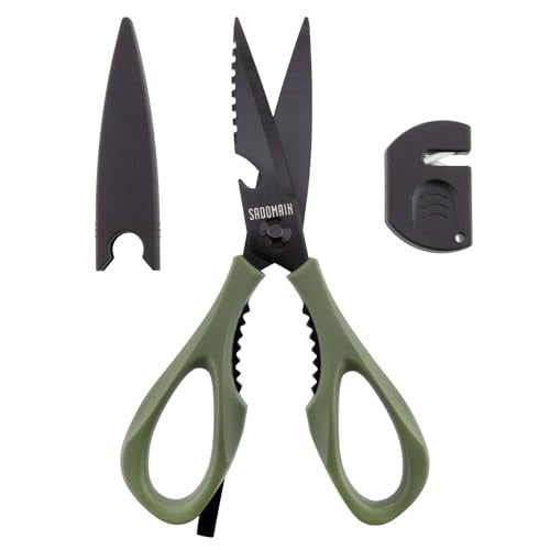 SADOMAIN Kitchen Scissors All Purpose, Extra Sharp Kitchen Shears with Knife Sharpener & Sheath, Solid & Durable Stainless Steel Scissors with ANTI-RUST Black Titanium Plated, Dishwasher Safe - Green - Image 1
