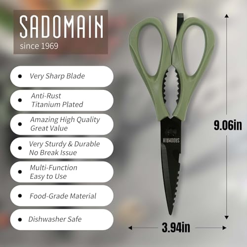 SADOMAIN Kitchen Scissors All Purpose, Extra Sharp Kitchen Shears with Knife Sharpener & Sheath, Solid & Durable Stainless Steel Scissors with ANTI-RUST Black Titanium Plated, Dishwasher Safe - Green - Image 4