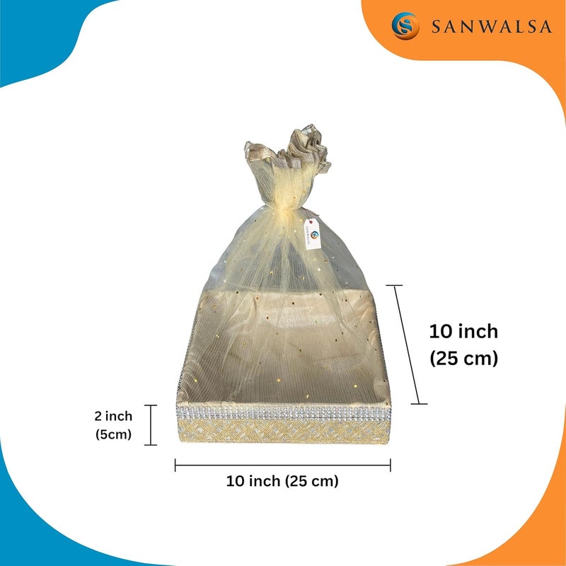 SANWALSA (Medium, 10x10x2 inch, Square, Beige-Stone Lace) MDF Base Designer Gift Hamper Packaging Baskets with Net Cover, Gift Hamper Organiser Perfect for Any Occasion - Image 2