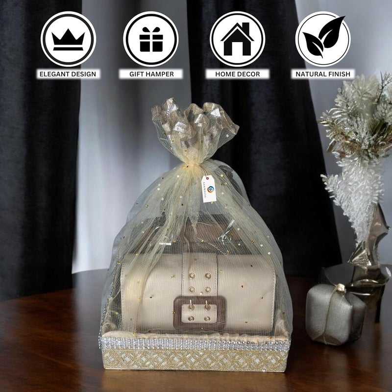 SANWALSA (Medium, 10x10x2 inch, Square, Beige-Stone Lace) MDF Base Designer Gift Hamper Packaging Baskets with Net Cover, Gift Hamper Organiser Perfect for Any Occasion - Image 4