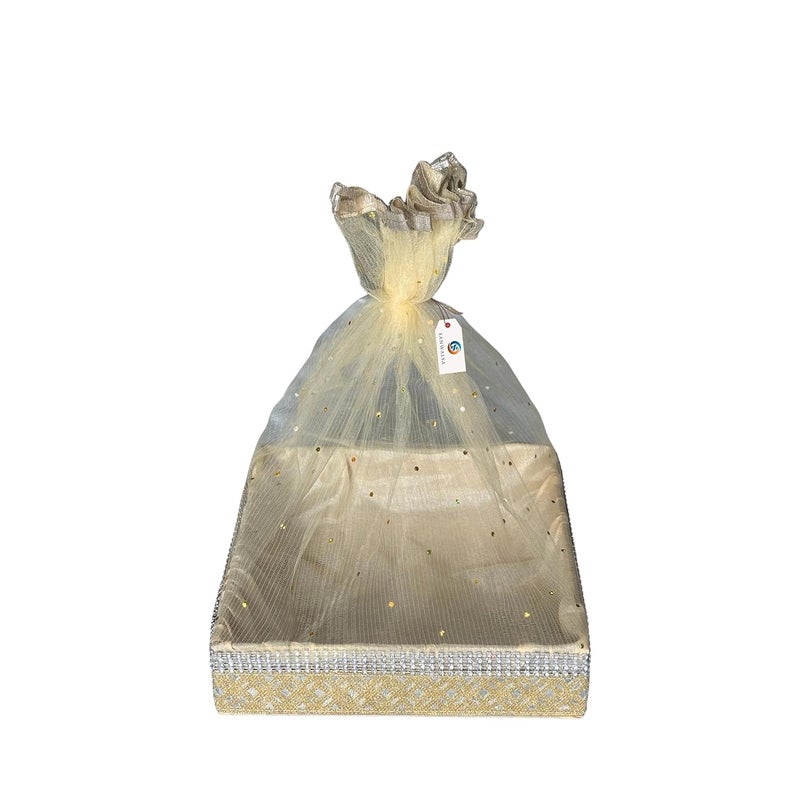 SANWALSA (Medium, 10x10x2 inch, Square, Beige-Stone Lace) MDF Base Designer Gift Hamper Packaging Baskets with Net Cover, Gift Hamper Organiser Perfect for Any Occasion - Image 1