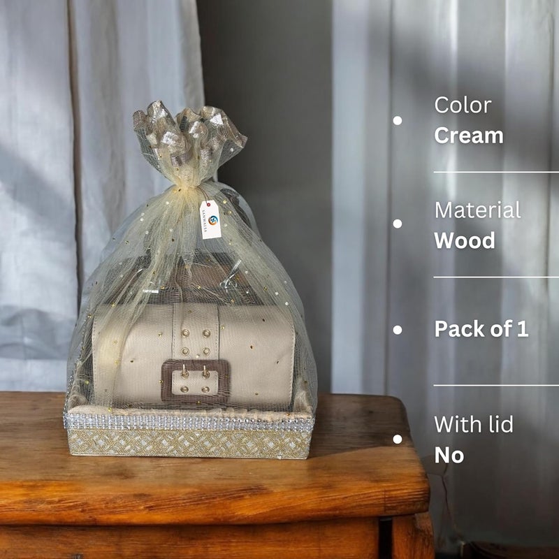 SANWALSA (Medium, 10x10x2 inch, Square, Beige-Stone Lace) MDF Base Designer Gift Hamper Packaging Baskets with Net Cover, Gift Hamper Organiser Perfect for Any Occasion - Image 3