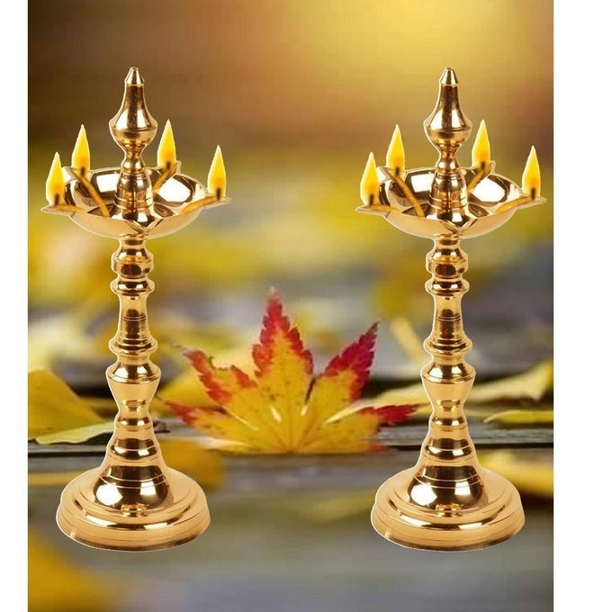 BRASS TRADITIONAL KERALA OILGHEE DIYA DEEPAK LAMP DESIGNER LONG DIYAS FOR HOME POOJA ROOM PANCHARTI PANCHMUKHI PITAL DIYA FOR PUJA DECORATION AARTI DIWALIPACK OF 2 PIEACES