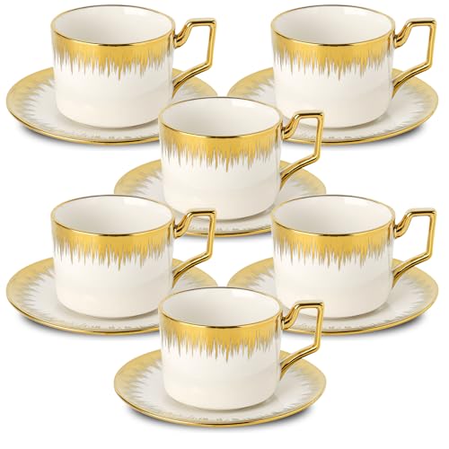LETAOTAO Cappuccino Cups with Saucers, 8.5 oz Stackable Ceramic Coffee Cup and Saucer with Gold Trim, Turkish Coffee Cups Set for Double Espresso, Tea Cups Set of 6, White - Image 1