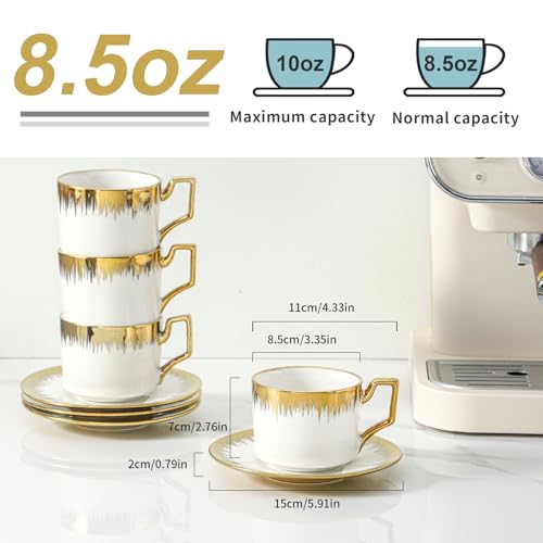 LETAOTAO Cappuccino Cups with Saucers, 8.5 oz Stackable Ceramic Coffee Cup and Saucer with Gold Trim, Turkish Coffee Cups Set for Double Espresso, Tea Cups Set of 6, White - Image 2