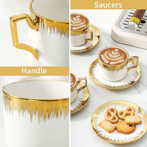 LETAOTAO Cappuccino Cups with Saucers, 8.5 oz Stackable Ceramic Coffee Cup and Saucer with Gold Trim, Turkish Coffee Cups Set for Double Espresso, Tea Cups Set of 6, White - Image 4