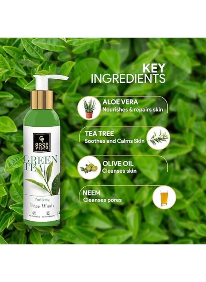 Good Vibes Green Tea Purifying Face Wash, 120 ml Helps Prevent Acne, Dirt Removal Deep Cleansing Natural Antioxidants Formula for All Skin Types, No Parabens & Mineral Oil - Image 3