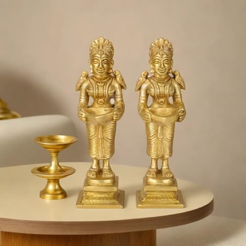 Kartique Brass Deeplaxmi Pair Decorative Statue for Home Entrance Decor Oil Lamp Diya in Gold Color - Image 1