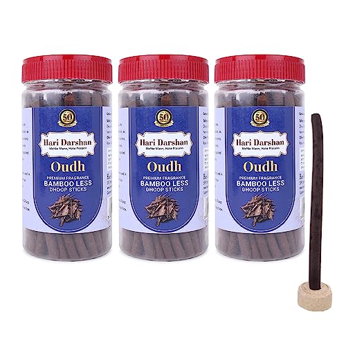 Hari Darshan Oudh Dhoop Sticks | Premium Dhoop for Meditation, Puja & Home Fragrance | Bamboo Less Natural Incense Sticks with Holder | Long Lasting Luxury Aroma | Pack of 3-125g Each - Image 1