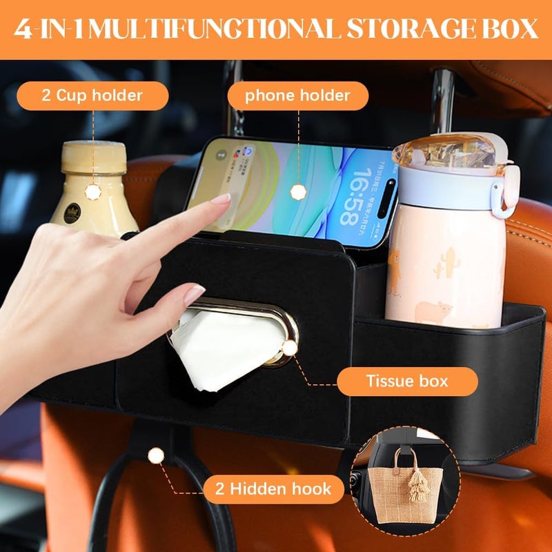Car Backseat Organizer with Tissue Holder and Dual Hooks - Durable PU Leather Storage Box - Image 5