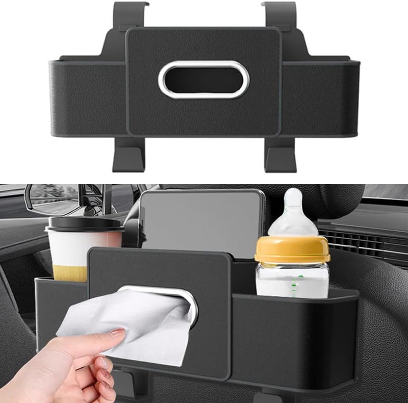 Car Backseat Organizer with Tissue Holder and Dual Hooks - Durable PU Leather Storage Box - Image 1