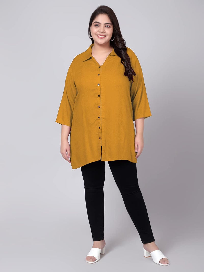 Indietoga Women Rayon Regular Fit Plus Size Rayon Longline Shirts(10001418_Mustard Solid_2XL) - Image 5