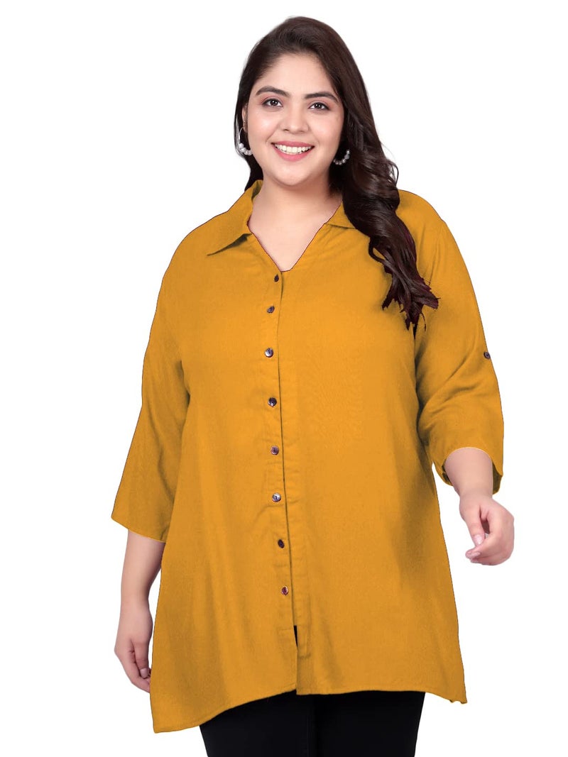 Indietoga Women Rayon Regular Fit Plus Size Rayon Longline Shirts(10001418_Mustard Solid_2XL) - Image 1