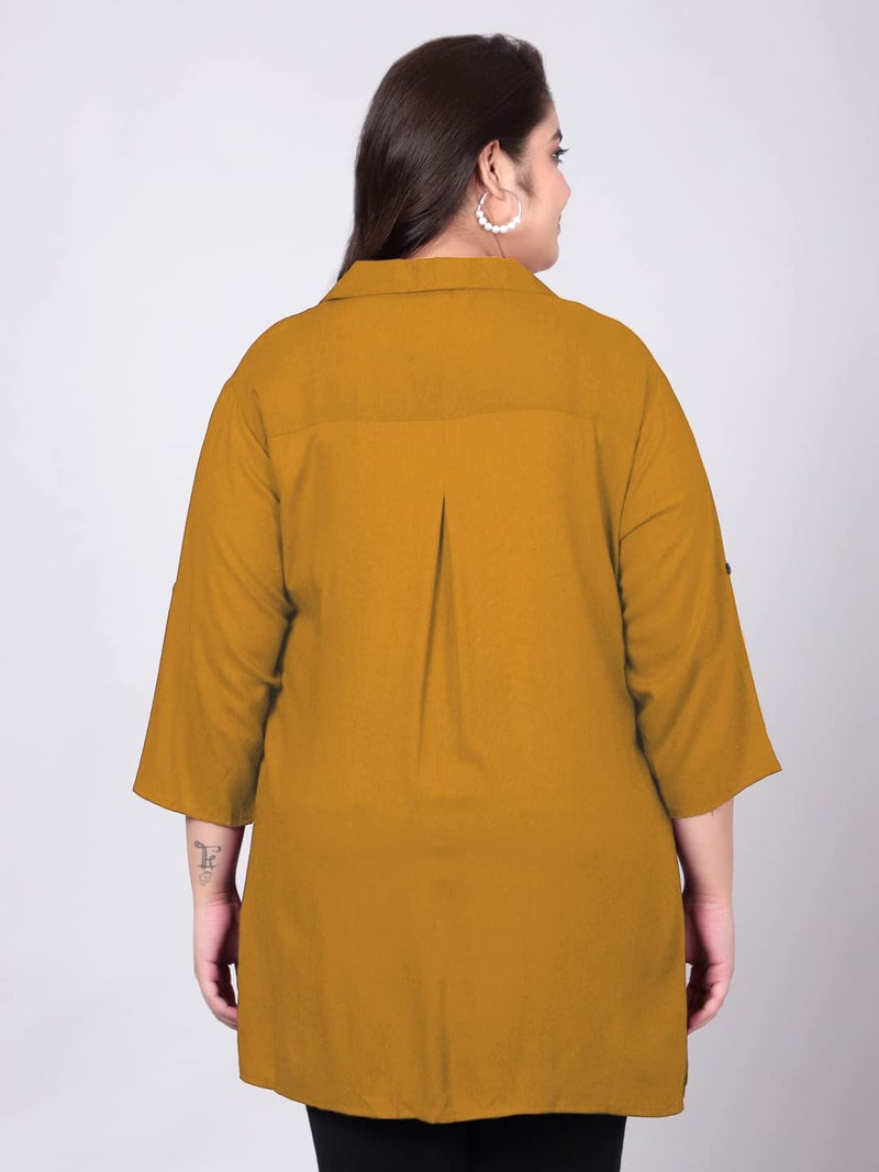 Indietoga Women Rayon Regular Fit Plus Size Rayon Longline Shirts(10001418_Mustard Solid_2XL) - Image 4