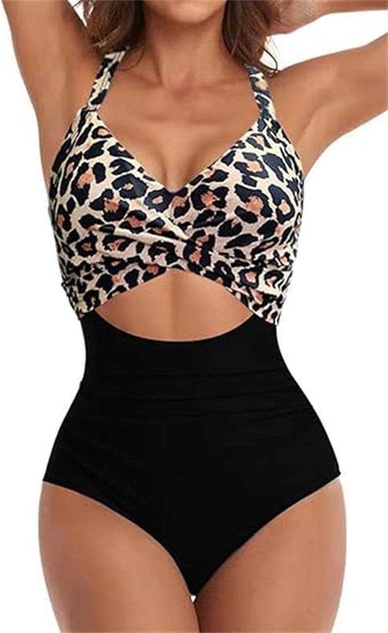 Luckam ملابس السباحة النسائية قطعة واحدة، تحكم في البطن، تصميم مقطع عالي الخصر، ملابس سباحة برباط خلفي، 1 قطعة، حجم L - Image 1