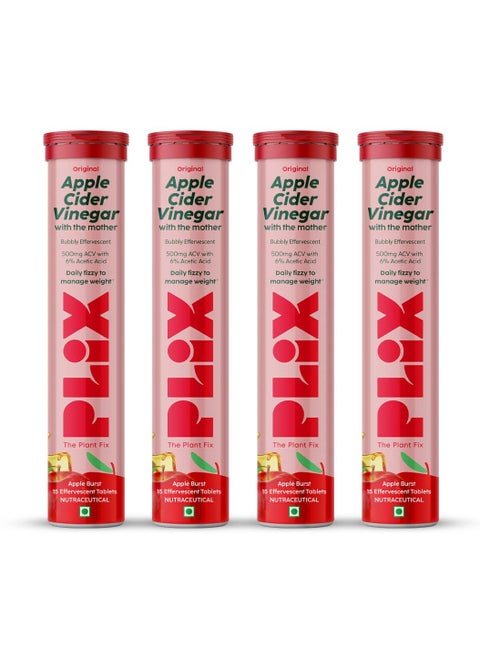 Apple Cider Vinegar 15 Effervescent Tablet ACV with mother for weight loss and easy digestion vitamin B6 and B12 Pack of 4 Apple 100 vegan Easy to carry and consume