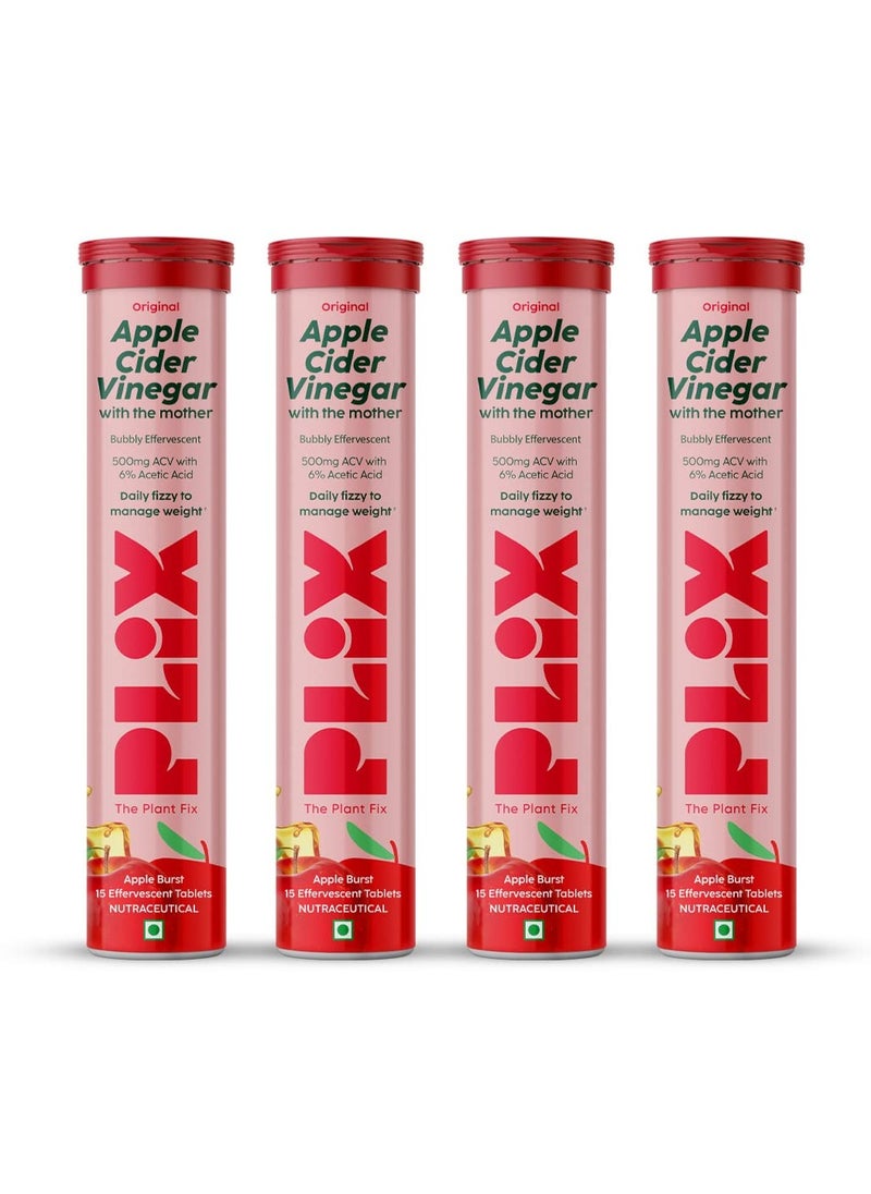 Apple Cider Vinegar 15 Effervescent Tablet ACV with mother for weight loss and easy digestion vitamin B6 and B12 Pack of 4 Apple 100 vegan Easy to carry and consume