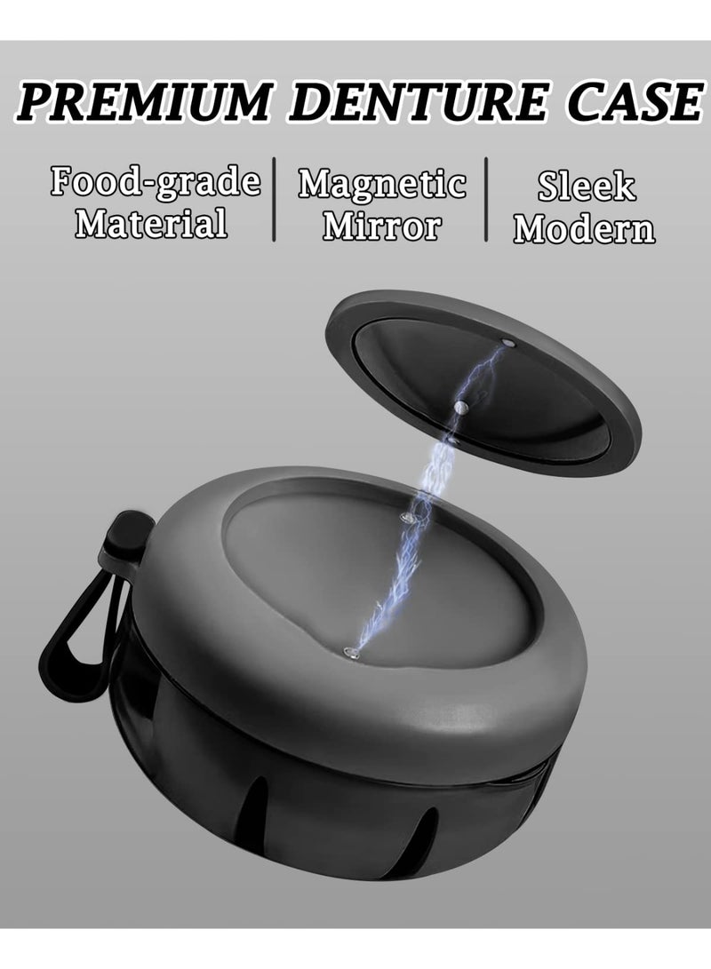 Denture Case, Definitely No-Leak Denture Bath Box for Traveling Perfectly, Denture Cup with Strainer & Magnetic Mirror,Completely Clean Care for Retainer, Mouth Guard, & Denture (BLACK) - Image 2