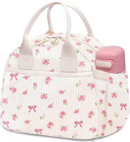 Carry bloom Lunch Box for Women, Insulated Lunch Bag Cute Corduroy Lunchbag Reusable Lunchbox for Work (flower bow beige) - Image 1