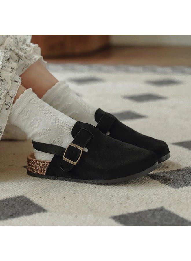 XTJSCBDSH Kids Suede Clogs for Boys and Girls Toddler Cork Footbed Sandals Mules, Potato Shoes with Adjustable Buckle, Slip-on Slippers Indoor Outdoor, Black, 2.5 Big Kid - Image 3