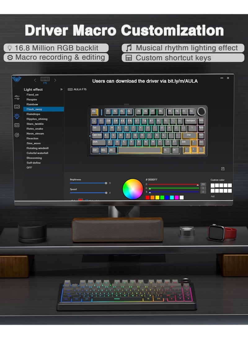AULA F75 Mechanical Keyboard Gaming, 2.4 GHz/Type-C/BT5.0 Wireless Gaming Keyboard 75 Percent, Side Engraved, Structure of Seal, Hot Swappable Wireless Keyboard RGB (Grey with Colour Gradient) - Image 3