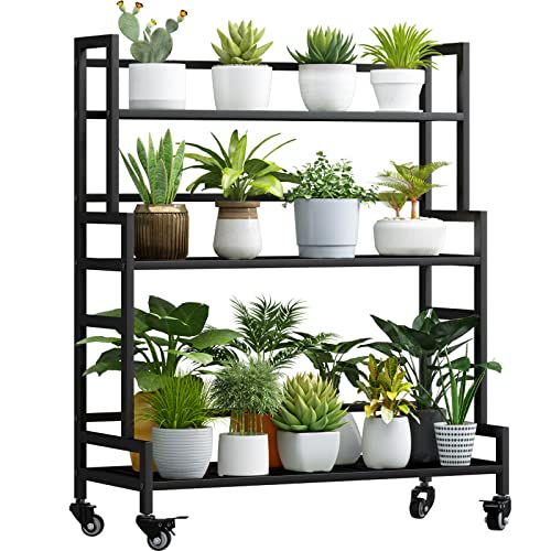 YIZAIJIA Plant Stand Indoor 3 Tier Metal Outdoor Tiered Stands Shelf With wheel for Multiple Plants Potted Ladder Plant Holder Table Plant Pot Stand for Window Garden Balcony Living Room 3 TierBlack