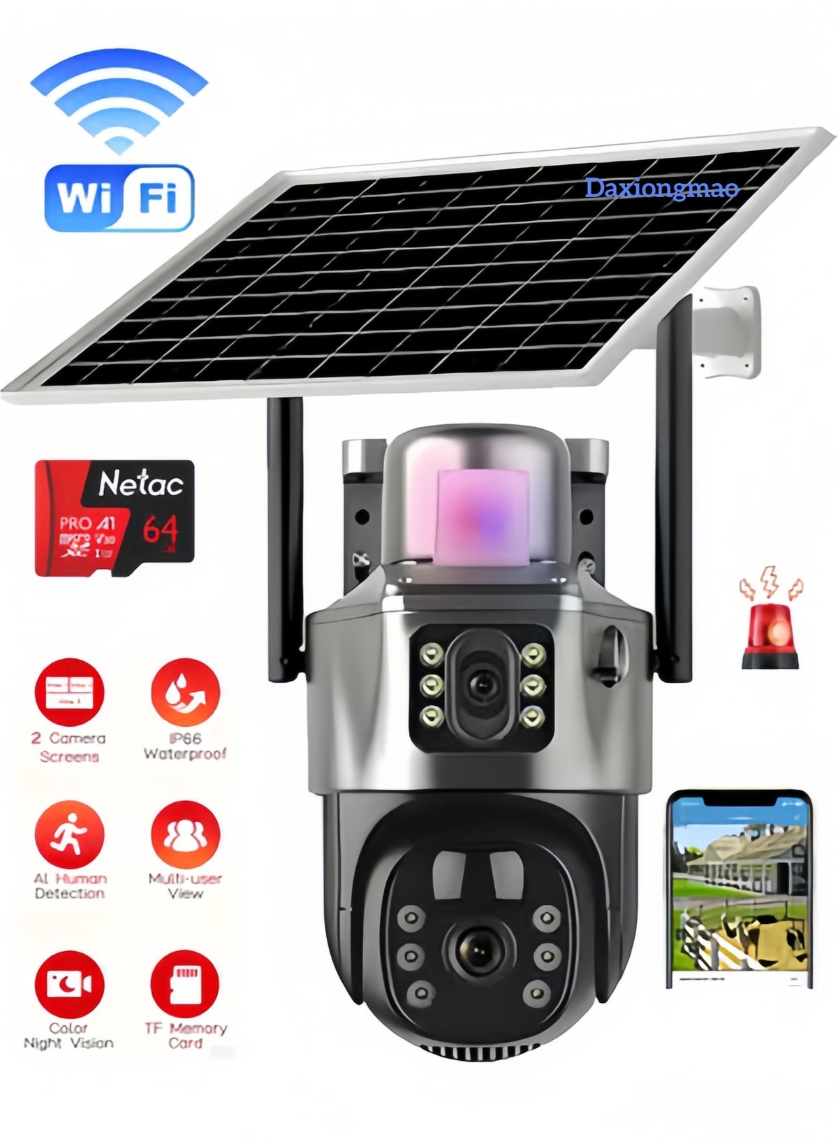 daxiongmao 4K 8MP Solar Security Camera, WiFi Version PTZ Outdoor Camera, Dual Lens PIR Human Detection, IP66 Waterproof Wireless Solar Camera, 64GB TF Card Included Z93EF3BC3B17DBF457E77Z