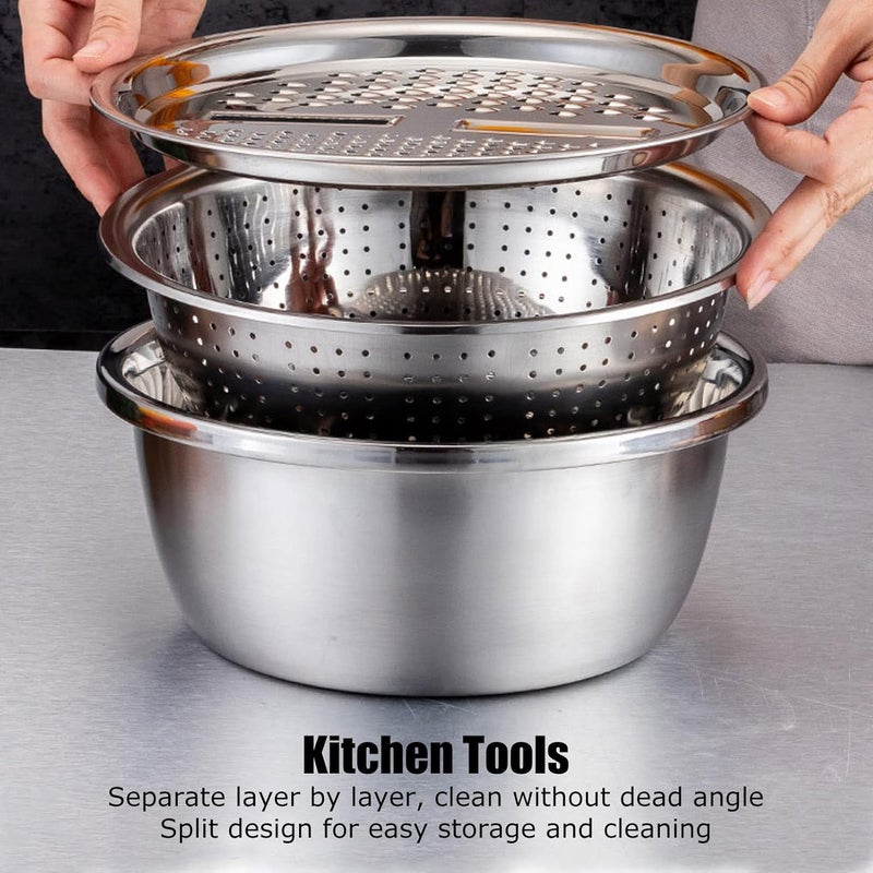 Pilipane Stainless Steel Rice Washing BowlMultiFunction 3 In 1 Colanders BasinKitchen Grater Set Bowl Grater Strainer for Rice Salad Maker MultiFunction 3 In 1 Colanders BasinStainless StKitchen Gra - Image 3