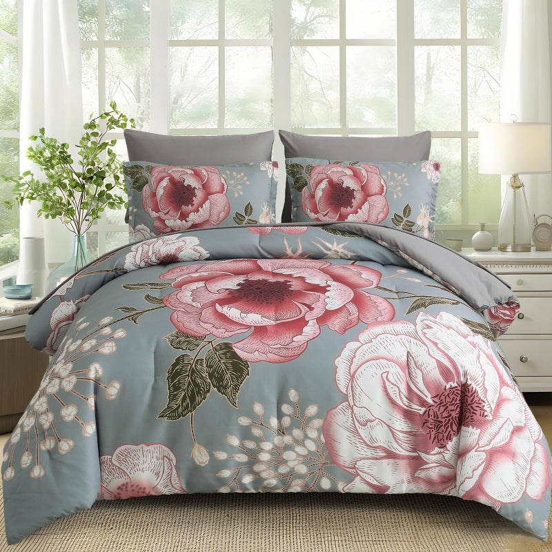 Luxudecor Floral Comforter Set Queen Size 7 Pieces Bed in a Bag,Pink Flower Print on Gray Bedding Set,Soft Microfiber Bedding Set for All Season (Gray,90"x90") - Image 1