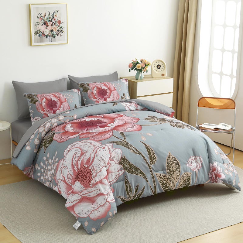Luxudecor Floral Comforter Set Queen Size 7 Pieces Bed in a Bag,Pink Flower Print on Gray Bedding Set,Soft Microfiber Bedding Set for All Season (Gray,90"x90") - Image 2