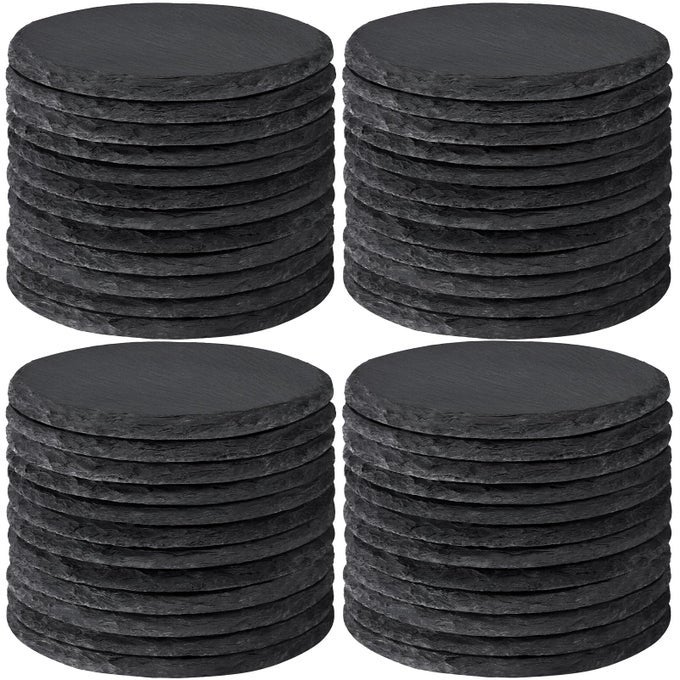 48 Pcs Slate Drinks Coasters 4 Inch Handmade Black Rustic Rock Stone Coaster Set Laser Engraving Blanks with AntiScratch Backing for Engraver Home Decor Bar Gifts Round