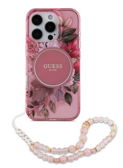 GUESS MagSafe IML Hard Case with Flower Design & Pearl Strap for iPhone 16 Pro Max/ Shock Absorption/ Slim and Lightweight Design/ Anti-Slip Texture - Pink  - Image 1