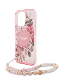 GUESS MagSafe IML Hard Case with Flower Design & Pearl Strap for iPhone 16 Pro Max/ Shock Absorption/ Slim and Lightweight Design/ Anti-Slip Texture - Pink  - Image 2