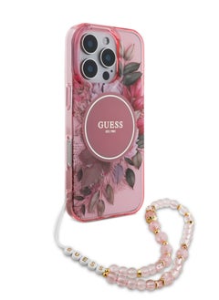 GUESS MagSafe IML Hard Case with Flower Design & Pearl Strap for iPhone 16 Pro Max/ Shock Absorption/ Slim and Lightweight Design/ Anti-Slip Texture - Pink  - Image 3