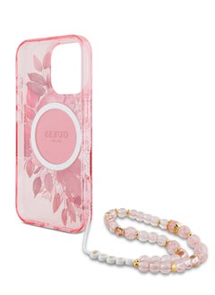 GUESS MagSafe IML Hard Case with Flower Design & Pearl Strap for iPhone 16 Pro Max/ Shock Absorption/ Slim and Lightweight Design/ Anti-Slip Texture - Pink  - Image 4