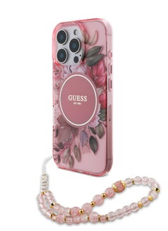 GUESS MagSafe IML Hard Case with Flower Design & Pearl Strap for iPhone 16 Pro Max/ Shock Absorption/ Slim and Lightweight Design/ Anti-Slip Texture - Pink  - Image 5
