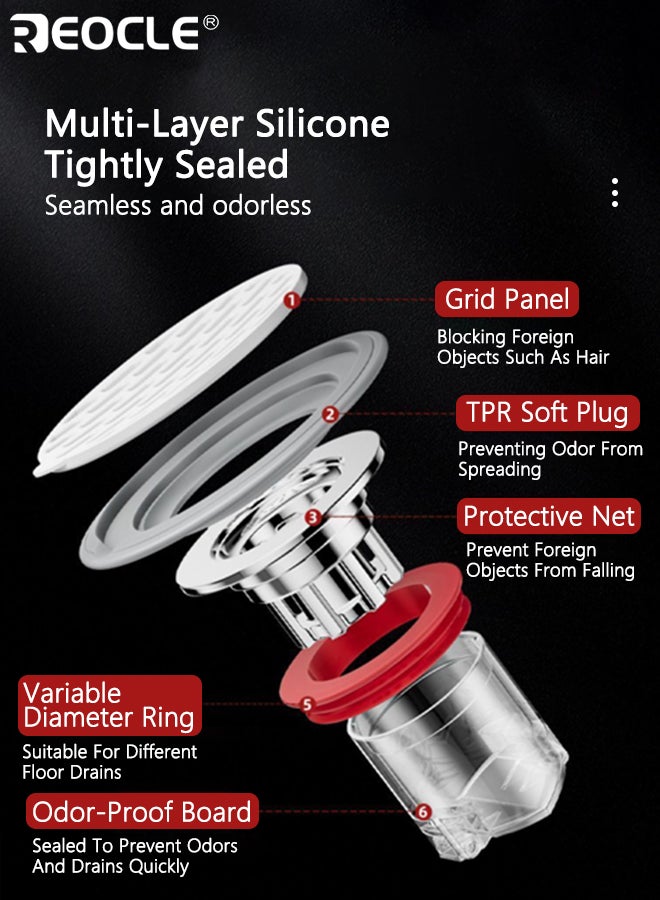 ريوكل دش الطابق استنزاف مانع التدفق العكسي المجاري الأساسية المضادة للرائحة التوصيل استنزاف غطاء سدادة مع ختم سيليكون مناسبة للمطبخ الحمام غرفة الغسيل حوض حوض وحماية استنزاف الدش - Image 4