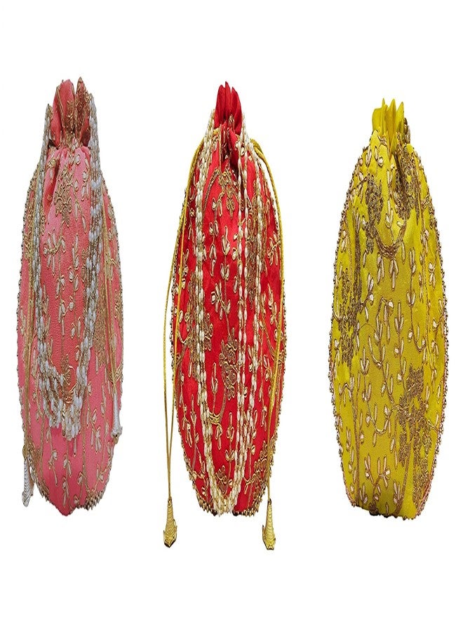 athizay مجموعة حقائب بوتلي متعددة الألوان (وردي، أحمر، أصفر) من أثيزاي، 3 قطع، حقائب يد نسائية، حقيبة معصم هندية تقليدية برباط، مطرزة بنقوش عرقية، حقيبة بوتلي أنيقة للنساء - Image 1