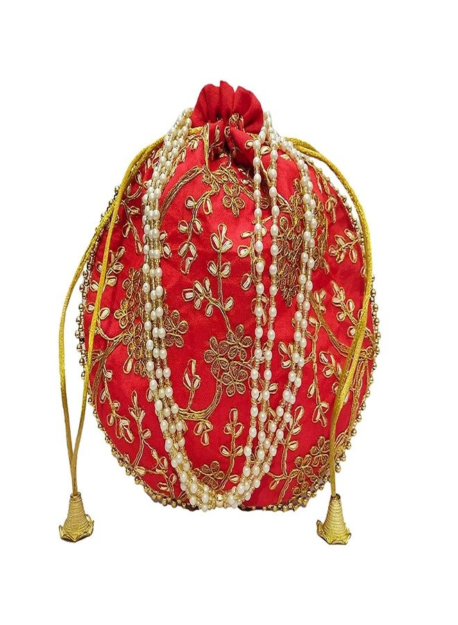 athizay مجموعة حقائب بوتلي متعددة الألوان (وردي، أحمر، أصفر) من أثيزاي، 3 قطع، حقائب يد نسائية، حقيبة معصم هندية تقليدية برباط، مطرزة بنقوش عرقية، حقيبة بوتلي أنيقة للنساء - Image 3