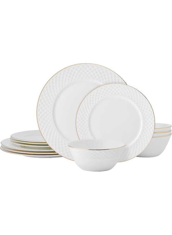 Mikasa طقم أدوات مائدة ميكاسا تريليس ذهبي الحافة من البورسلين الخفيف الوزن المقاوم للكسر 12 قطعة خدمة لـ 4 - Image 1