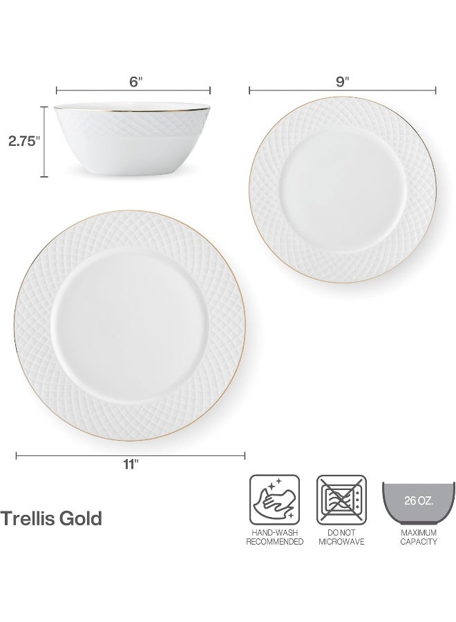 Mikasa طقم أدوات مائدة ميكاسا تريليس ذهبي الحافة من البورسلين الخفيف الوزن المقاوم للكسر 12 قطعة خدمة لـ 4 - Image 5