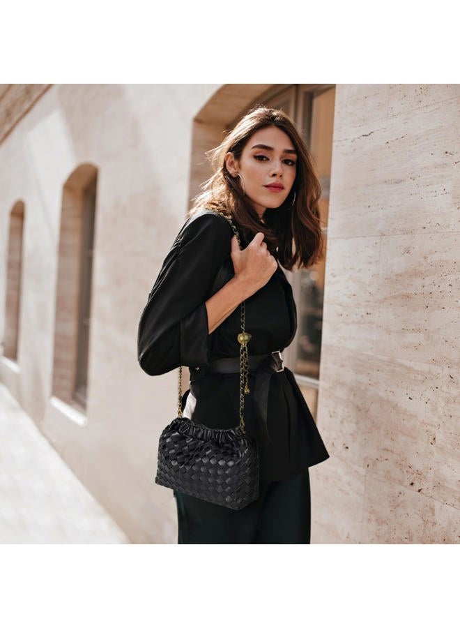 Joryin Trendy Dumpling Women's Crossbody Bag - Evening Clutch Hobo Cloud Purse, Woven Leather-basalt Black - Image 2