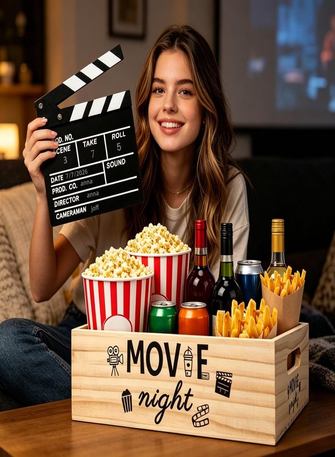 Dmnnlp Wooden Movie Night Snack Tray with 3 Compartments, Movie Film Clapboard, Popcorn Bucket Bowl Box Organizer for Theater Room Decor, Gift Basket for Family Movie Night Holiday Parties - Image 5