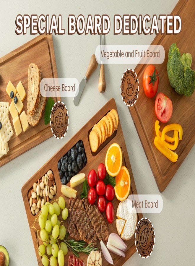 THETCHRY Acacia Wood Cutting Board Set,Thick Wooden Cutting Board for Kitchen with Holder,Chopping Board with Deep Grooves&Built-in Handles, Wooden Charcuterie Board Trays for Meat,Fruit,Cheese - Image 2