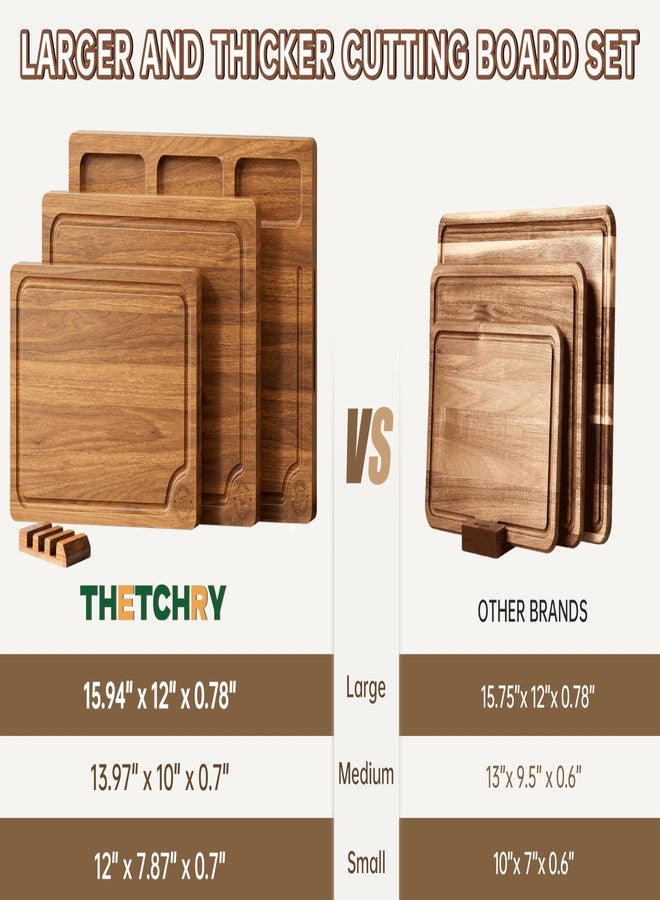 THETCHRY Acacia Wood Cutting Board Set,Thick Wooden Cutting Board for Kitchen with Holder,Chopping Board with Deep Grooves&Built-in Handles, Wooden Charcuterie Board Trays for Meat,Fruit,Cheese - Image 3
