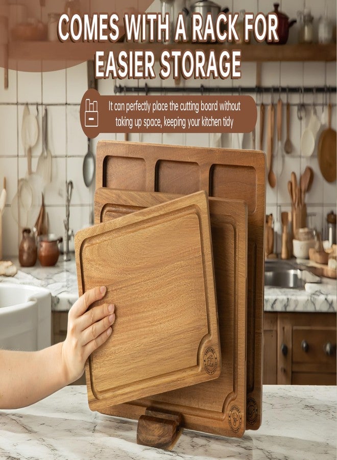 THETCHRY Acacia Wood Cutting Board Set,Thick Wooden Cutting Board for Kitchen with Holder,Chopping Board with Deep Grooves&Built-in Handles, Wooden Charcuterie Board Trays for Meat,Fruit,Cheese - Image 5