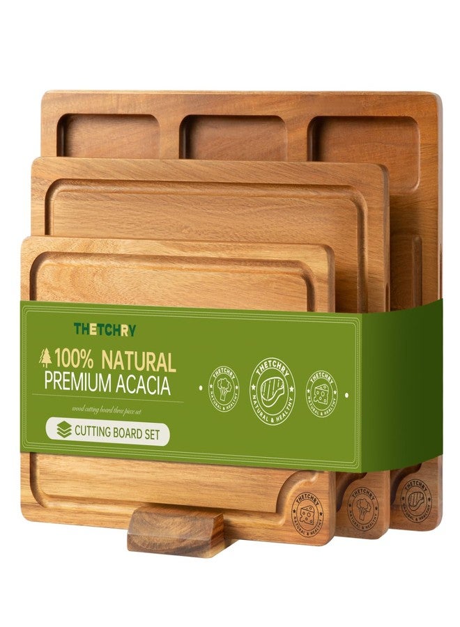THETCHRY Acacia Wood Cutting Board Set,Thick Wooden Cutting Board for Kitchen with Holder,Chopping Board with Deep Grooves&Built-in Handles, Wooden Charcuterie Board Trays for Meat,Fruit,Cheese - Image 1